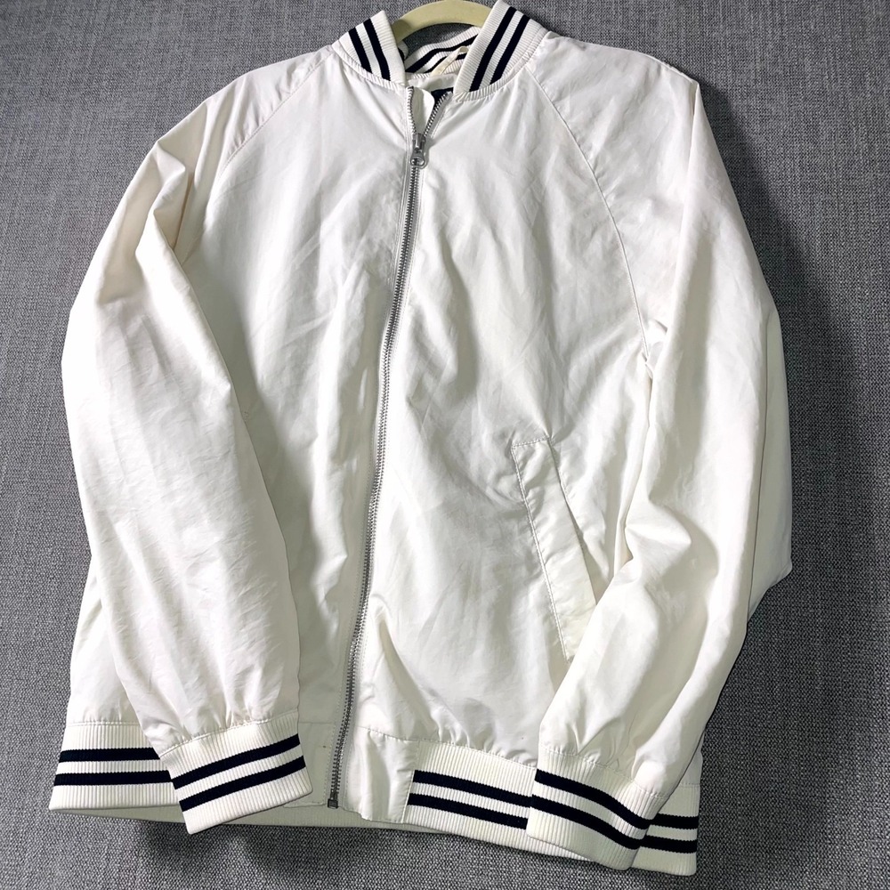 H&M Bomber Jacket Mens S White Lined Windproof Pockets Raglan Sleeve Full Zipper